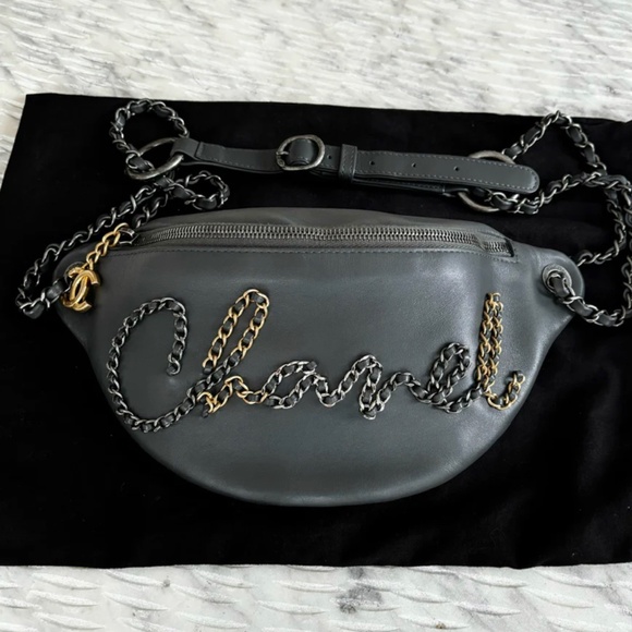 Authentic Chanel Grey Calfskin Leather Three-tone Metal Chain Signs Waist Bag - Picture 3 of 12